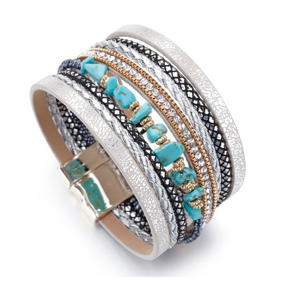 Silver Leather Wrap Turquoise Stone Bracelet - Picture 7 of 7